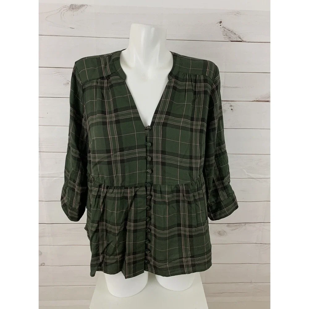 Torrid Womens 3/4 Sleeve Roll Tab Army Green Plaid Button Down Top Shirt Plus 00 - Picture 2 of 8